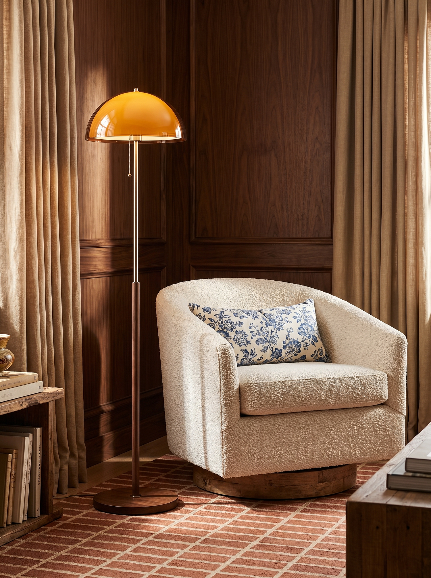 Lifestyle: Briar floor lamp beside a cream swivel chair in a walnut-panelled den