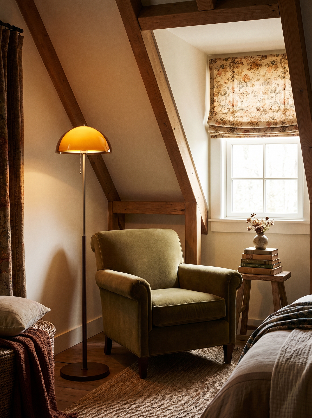 Lifestyle: Briar floor lamp beside an olive velvet armchair in an attic bedroom