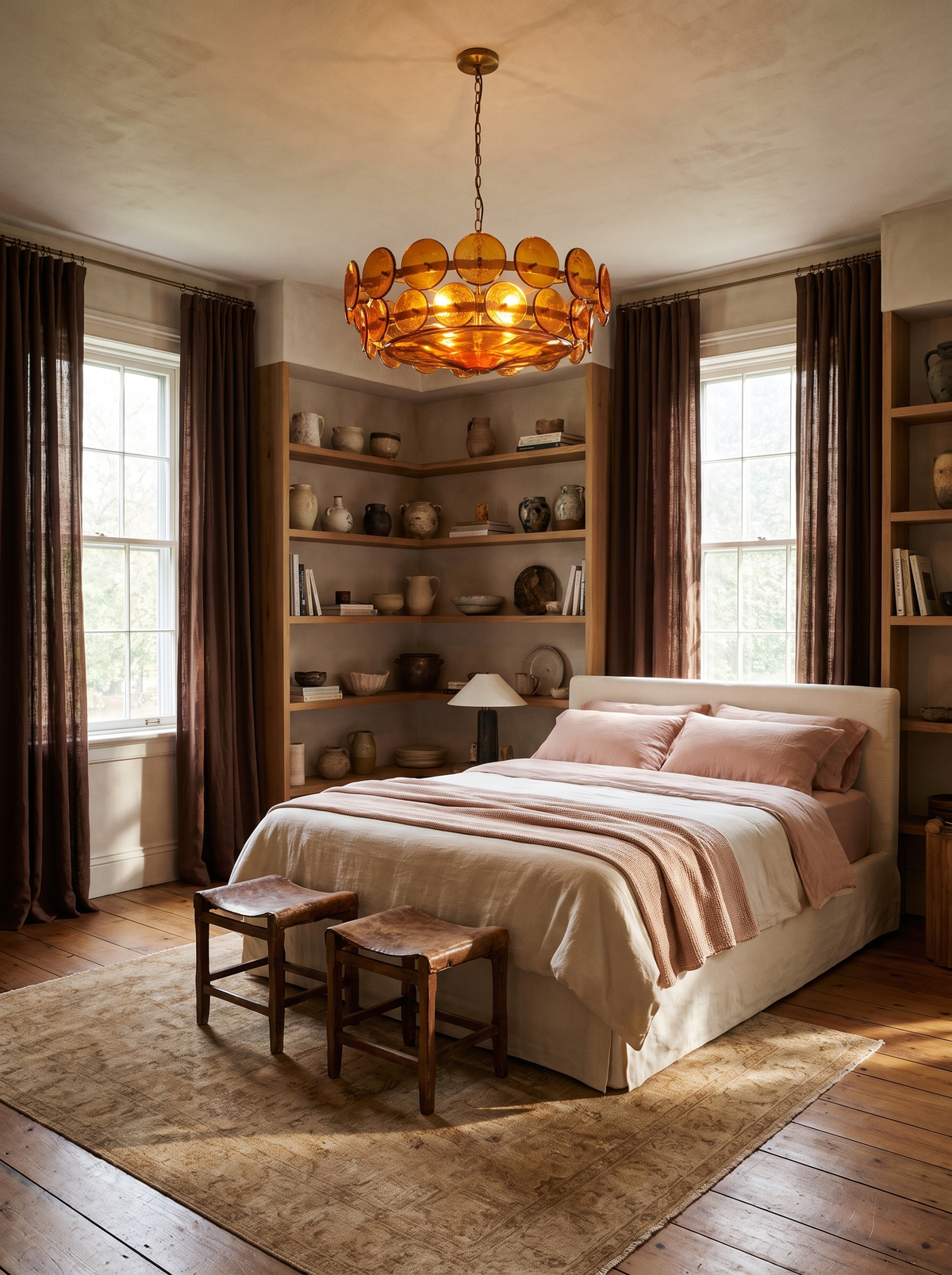 Lifestyle: Soleil amber disc chandelier above a bed in a bedroom with ceramic shelves