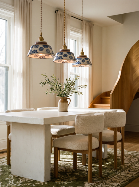 Lifestyle: three Delft blue daisy pendants above a white plaster dining table