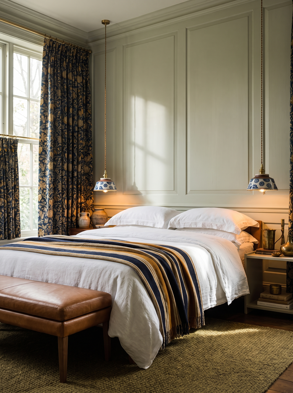 Lifestyle: a pair of Delft ceramic pendants as bedside lights in a sage panelled bedroom