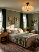Lifestyle: Posy scalloped ceiling light in a sage floral-wallpapered bedroom