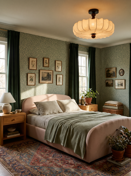 Lifestyle: Posy scalloped ceiling light in a sage floral-wallpapered bedroom