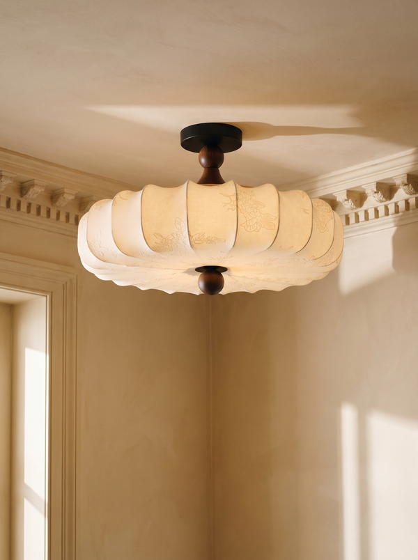 Posy scalloped fabric semi-flush ceiling light with walnut stem in a plaster-moulded corner