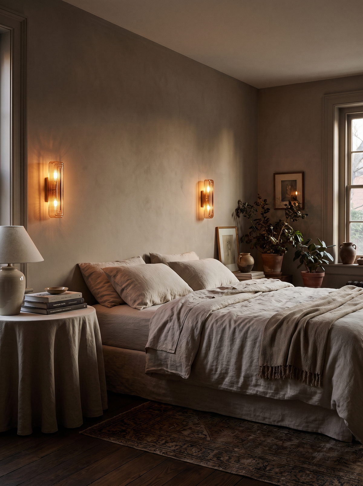 Lifestyle: a pair of Calla glass sconces either side of a bed in a taupe plaster bedroom