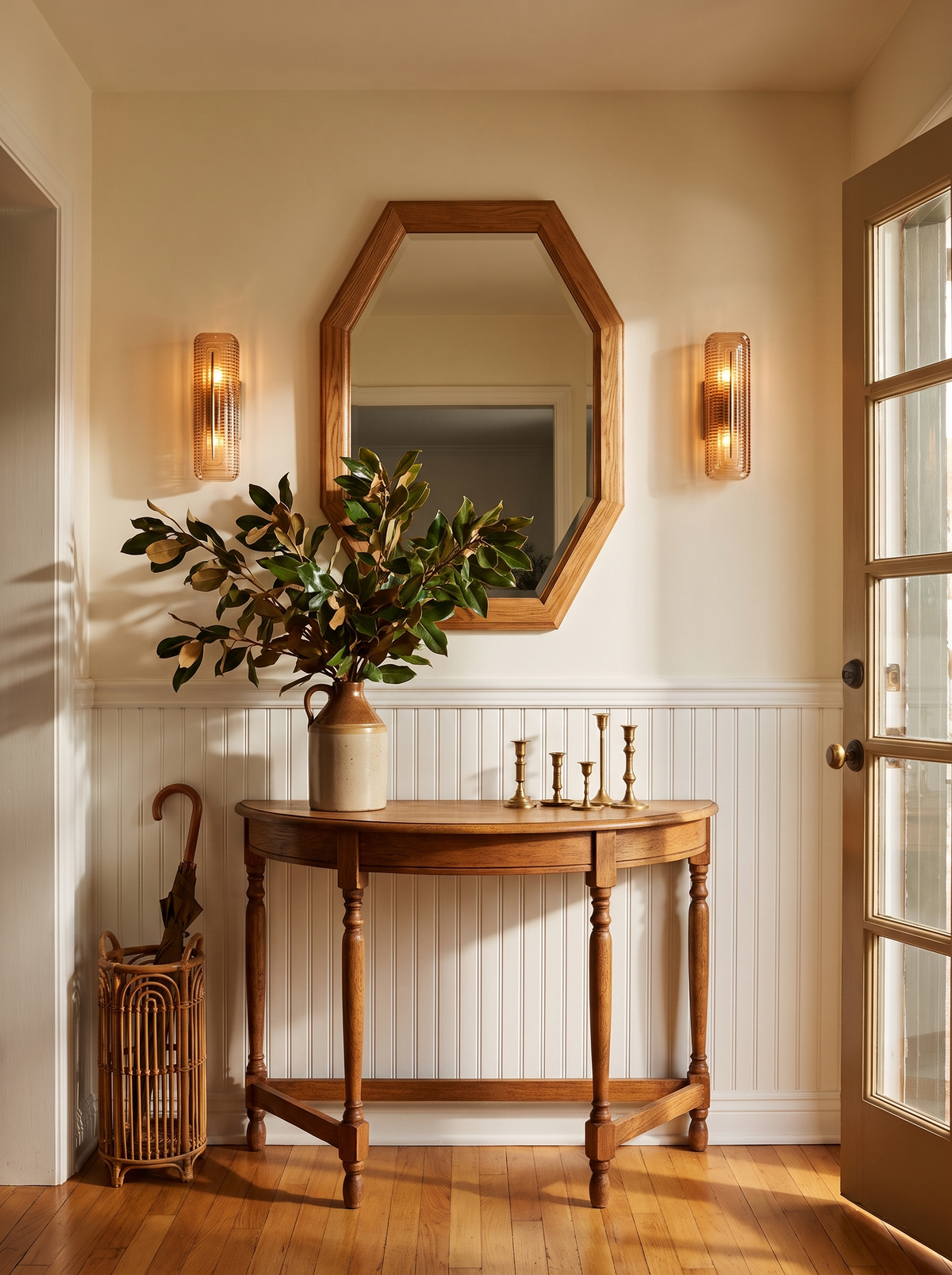 Lifestyle: Calla glass sconces flanking an oak mirror above an entry console, showing their size
