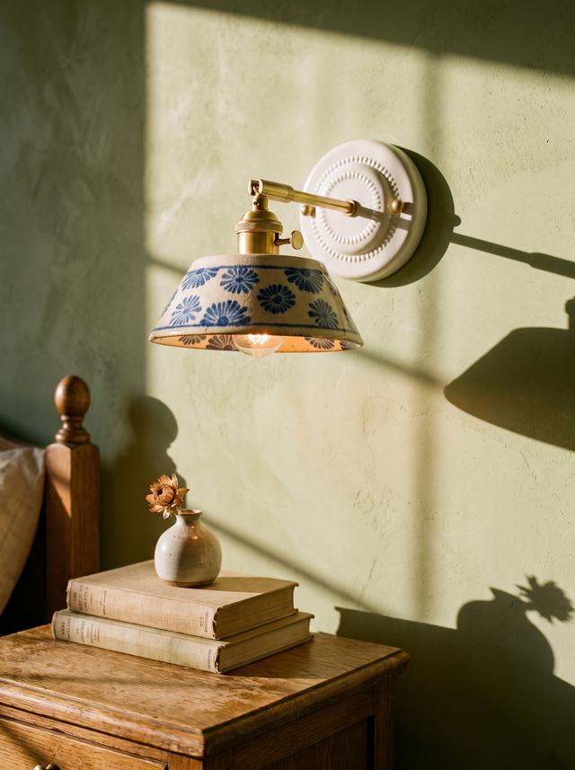 Fable blue daisy ceramic wall sconce in brass on a pistachio plaster wall