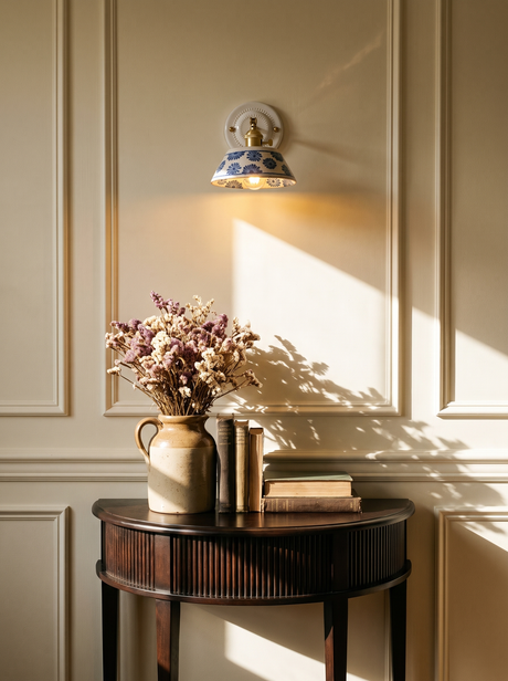 Lifestyle: Fable ceramic sconce on a cream panelled entry wall above a fluted console