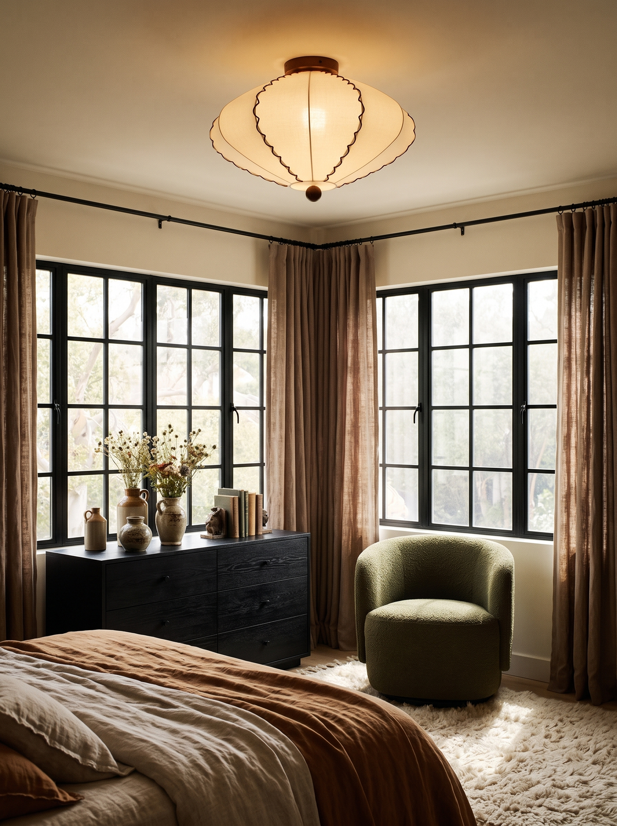 Lifestyle: Bonnie scalloped ceiling light in a bedroom with a bay of steel windows
