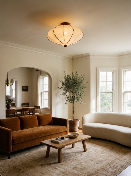 Lifestyle: Bonnie scalloped ceiling light in a living room with a cognac velvet sofa, showing its size