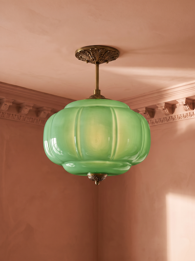 Ivy green glass semi-flush ceiling light in gold hanging in a plaster-moulded corner