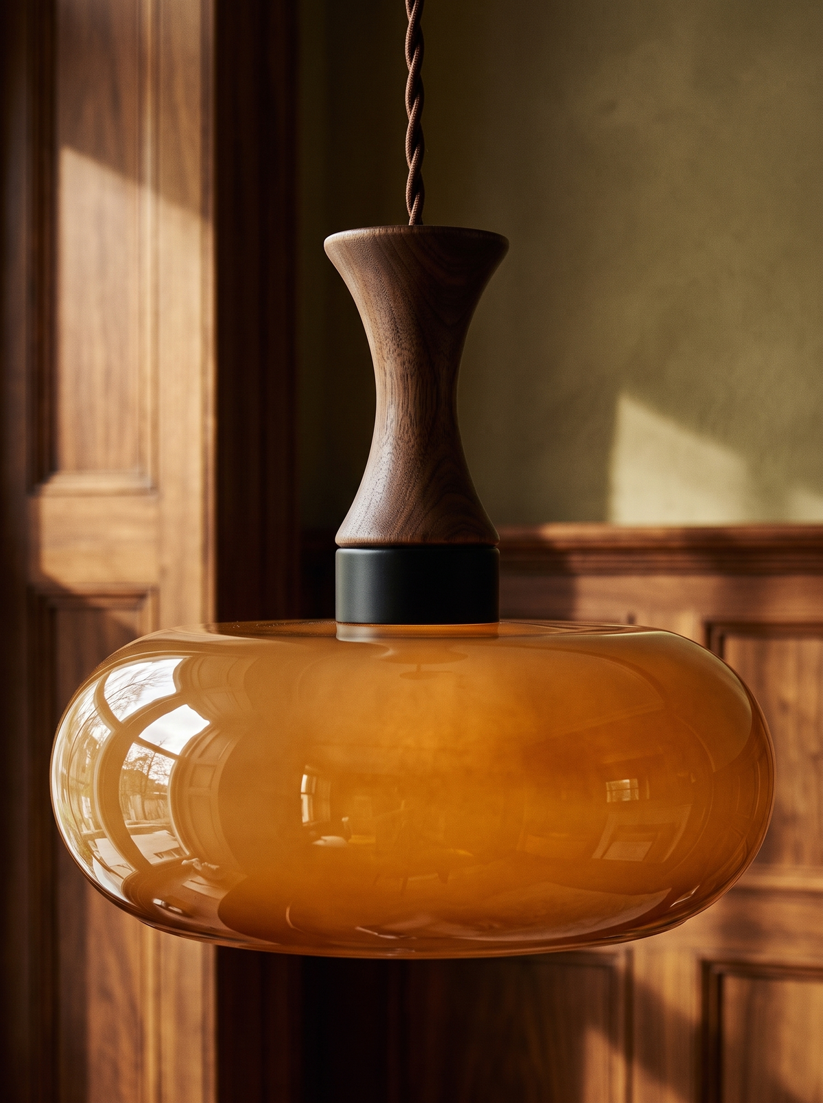 Lifestyle: close-up of Toffee's caramel glass shade and turned walnut neck, lit