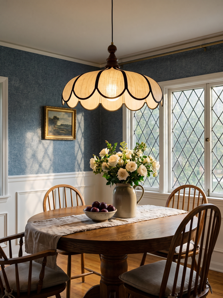 Lifestyle: Bluebell woven pendant over a round oak table in a slate-blue wallpapered dining room