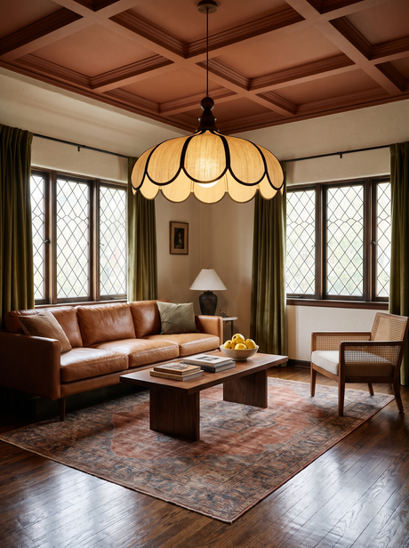 Lifestyle: Bluebell woven pendant in a living room under a terracotta coffered ceiling, showing its size