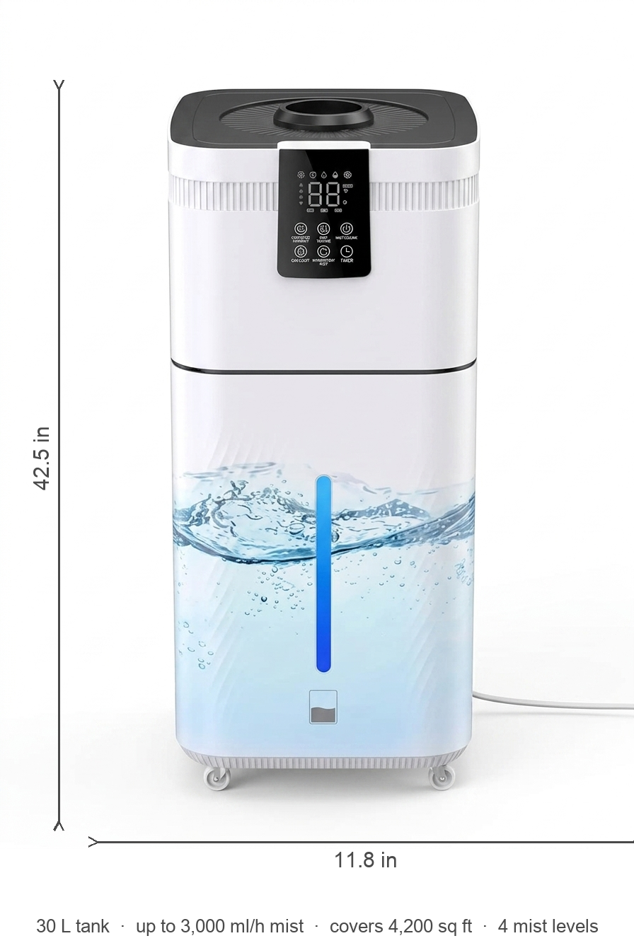 Humidifier dimensions diagram: 42.5 in tall, 30L tank, 3000 ml/h, 4200 sq ft