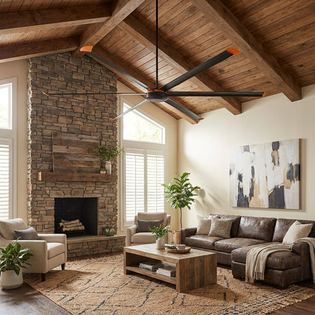 Isaac HVLS fan in a vaulted living room — lifestyle