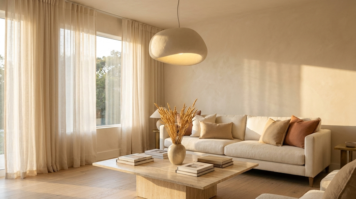 Warm editorial living room with Saku pendant light