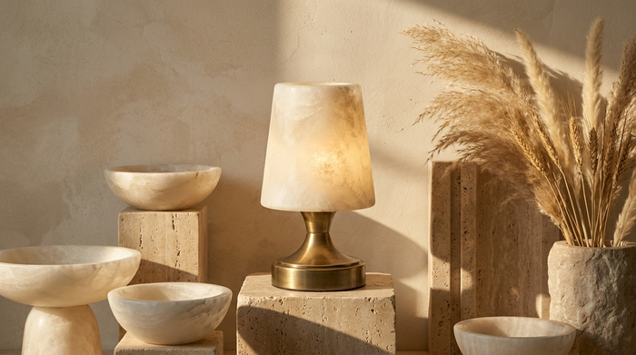 Alabaster and stone collection vignette with Linnea lamp