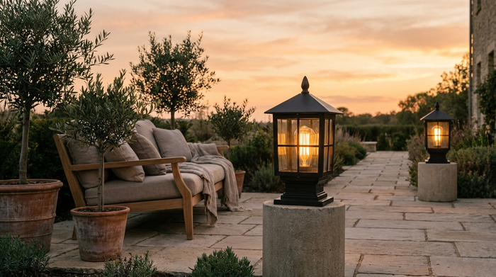 Stone patio at dusk with Gable pillar lights