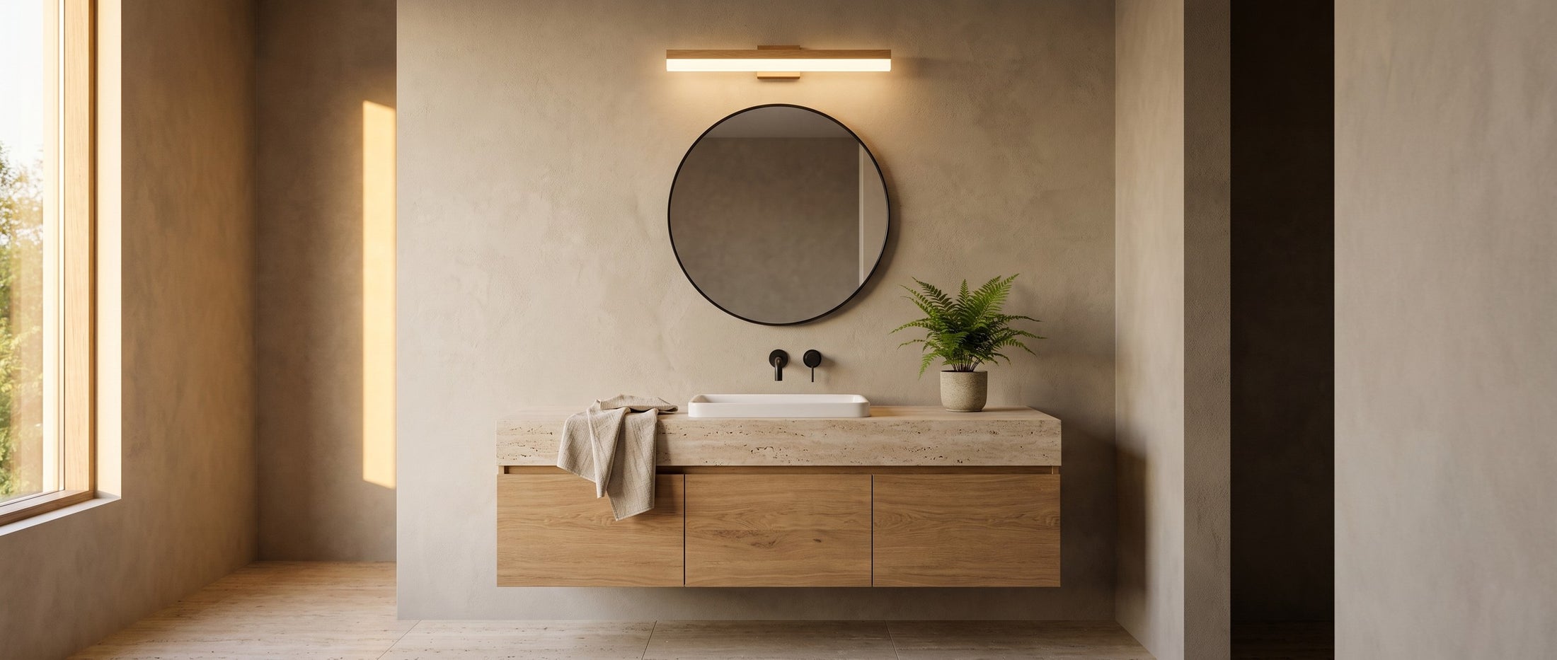 Nara oak vanity bar above a mirror in a warm bathroom, lifestyle scene