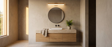 Nara oak vanity bar above a mirror in a warm bathroom, lifestyle scene