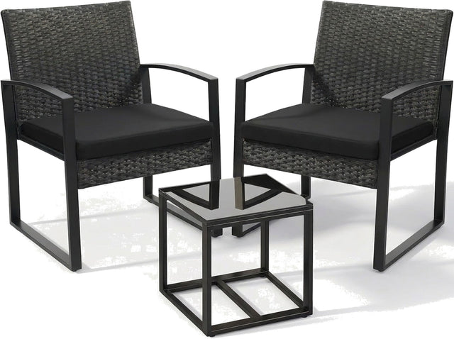 Nero 3-piece black rattan bistro set, studio view on white