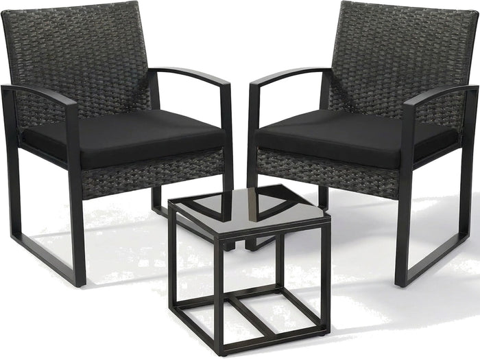 Nero 3-piece black rattan bistro set, studio view on white