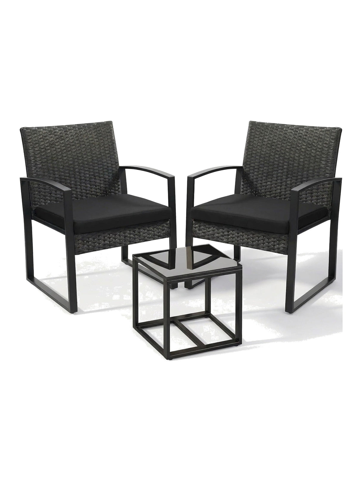 Nero 3-piece black rattan bistro set, studio view on white