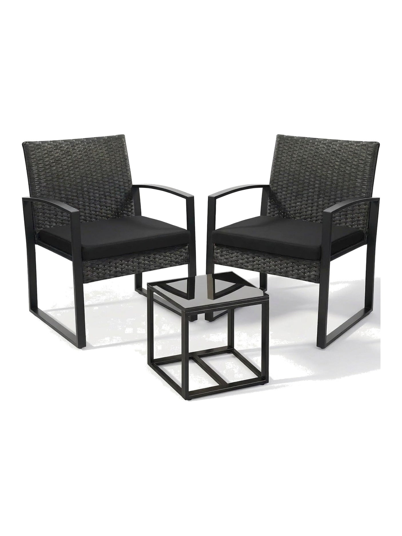 Nero 3-piece black rattan bistro set, studio view on white