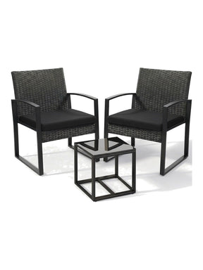 Nero 3-piece black rattan bistro set, studio view on white