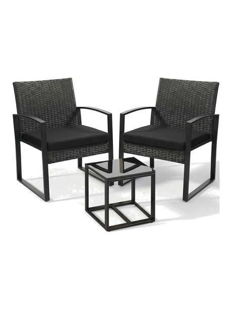 Nero 3-piece black rattan bistro set, studio view on white