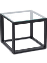 Nero glass-top cube side table, studio view on white