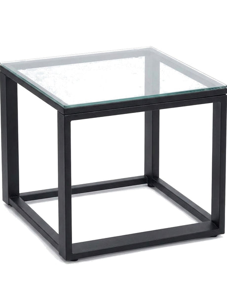 Nero glass-top cube side table, studio view on white