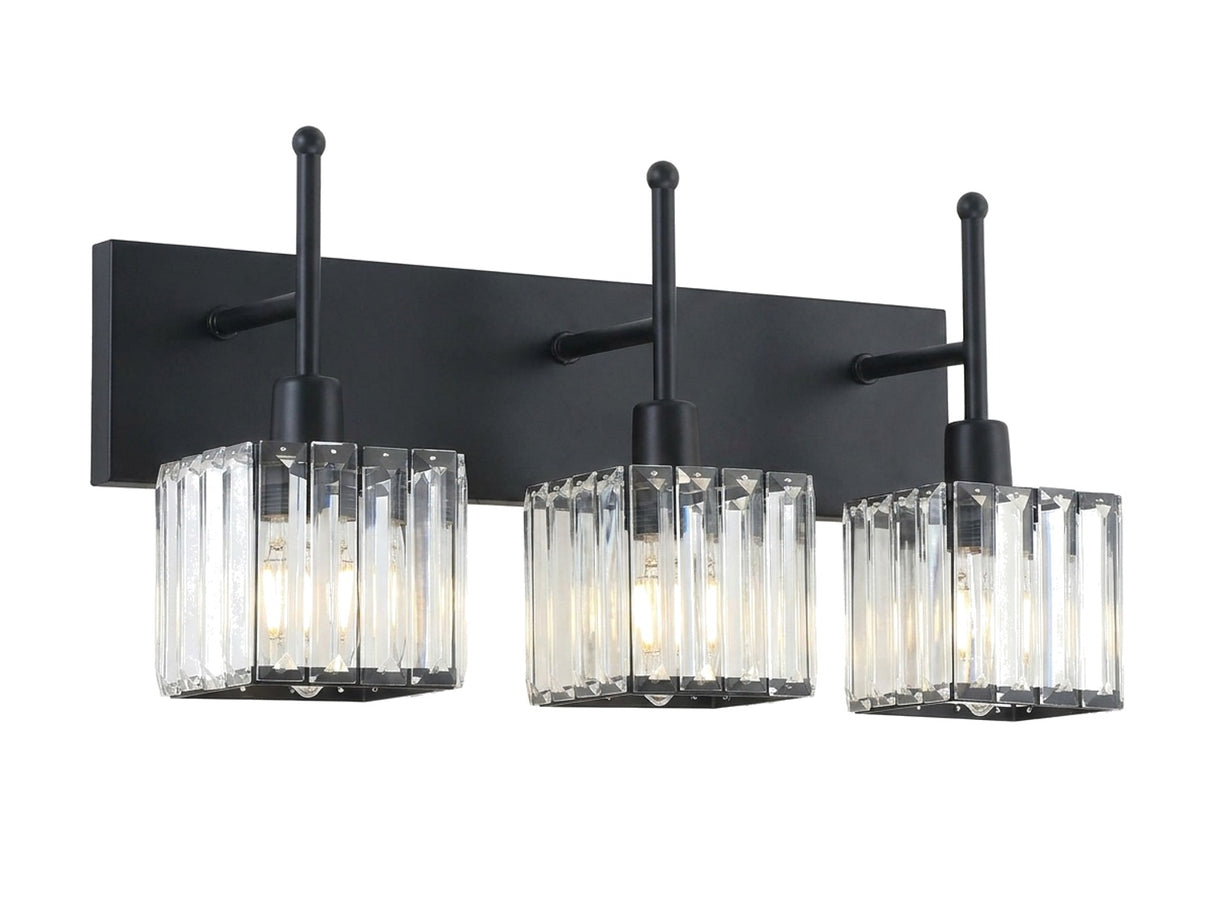 Prisma 3-light crystal vanity light in matte black, studio view on white