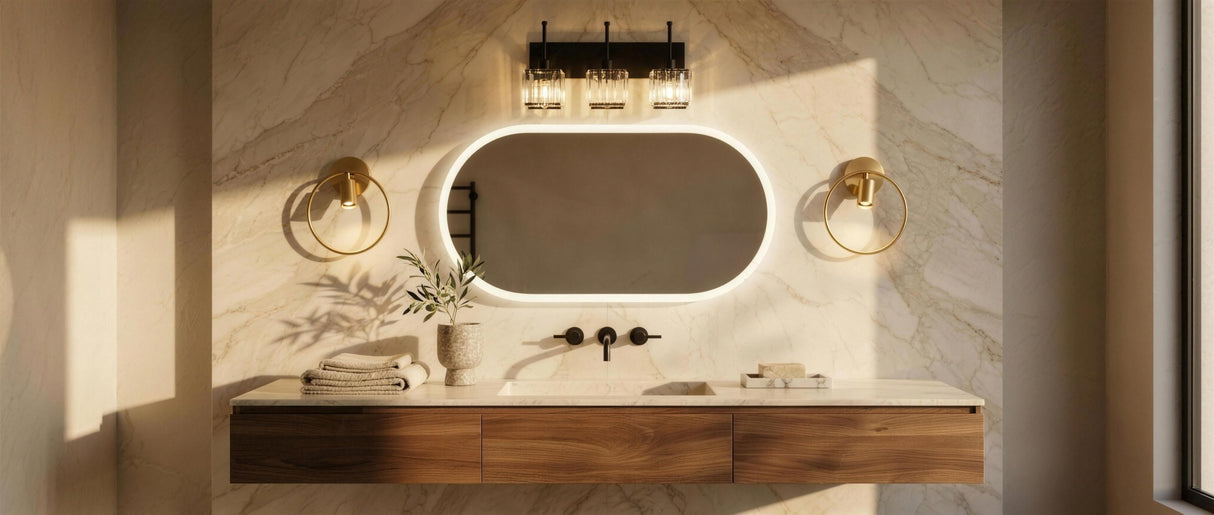 Prisma vanity light above an oval LED mirror in a luxury marble bathroom — lifestyle