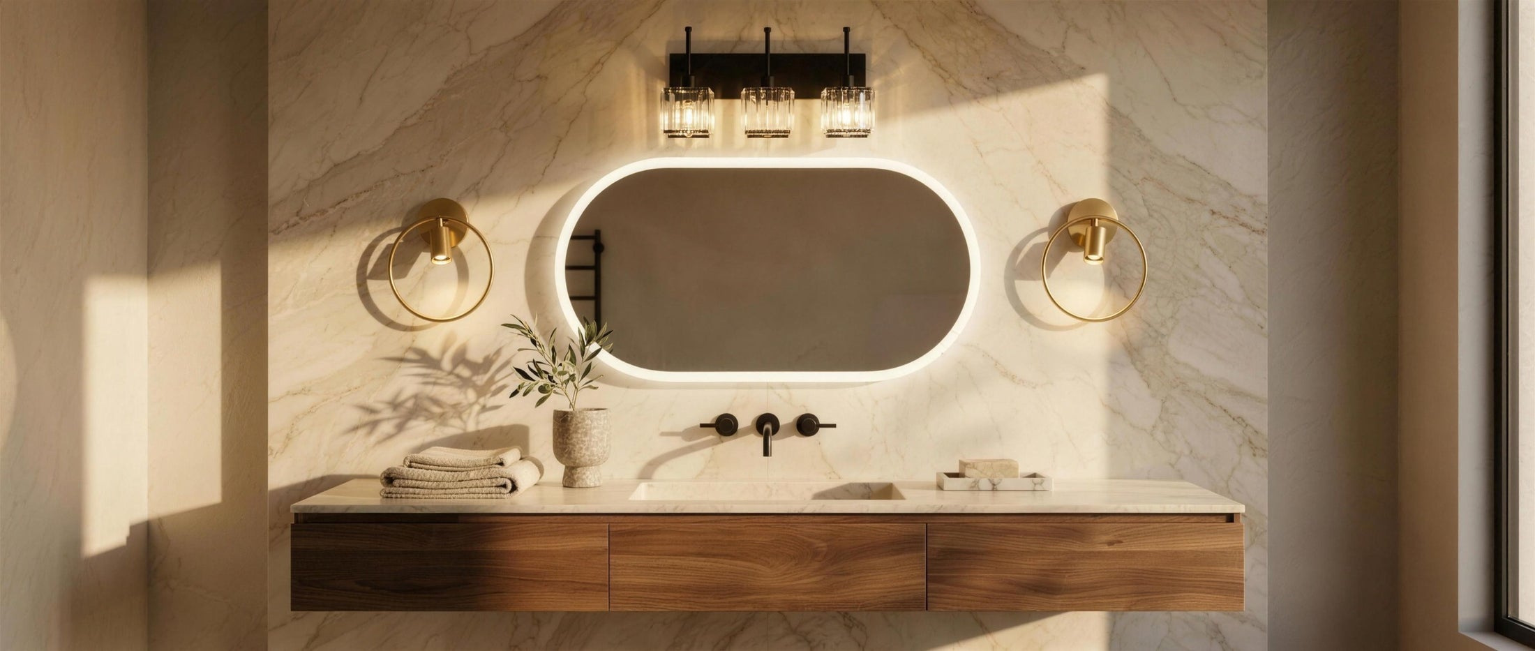 Prisma vanity light above an oval LED mirror in a luxury marble bathroom — lifestyle