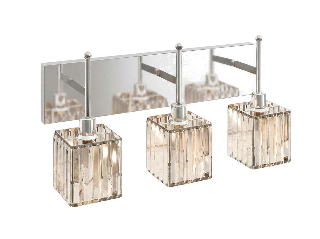 Prisma 3-light crystal vanity light in polished silver, studio view on white