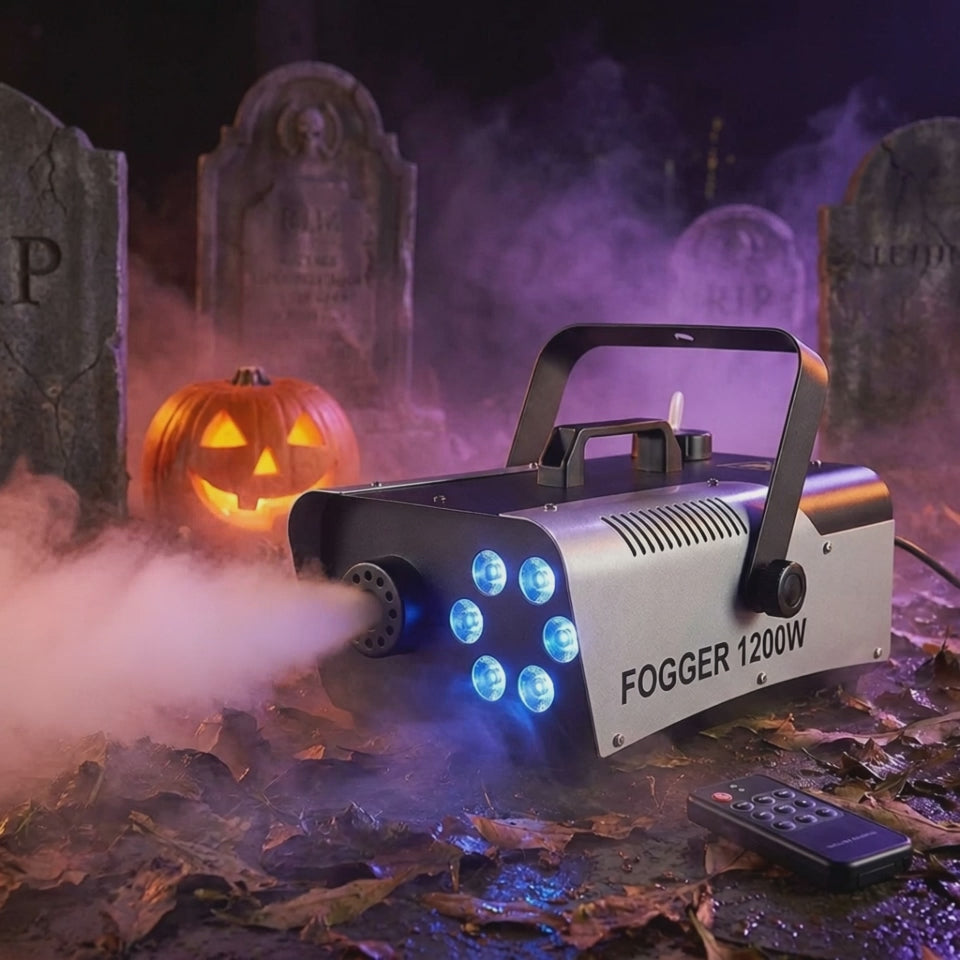 Fog machine billowing fog in a Halloween graveyard