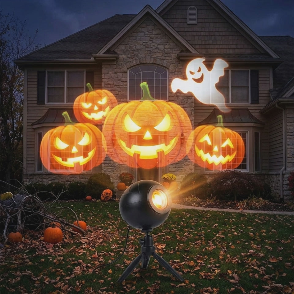 Holiday projector animating Halloween scenes on a house