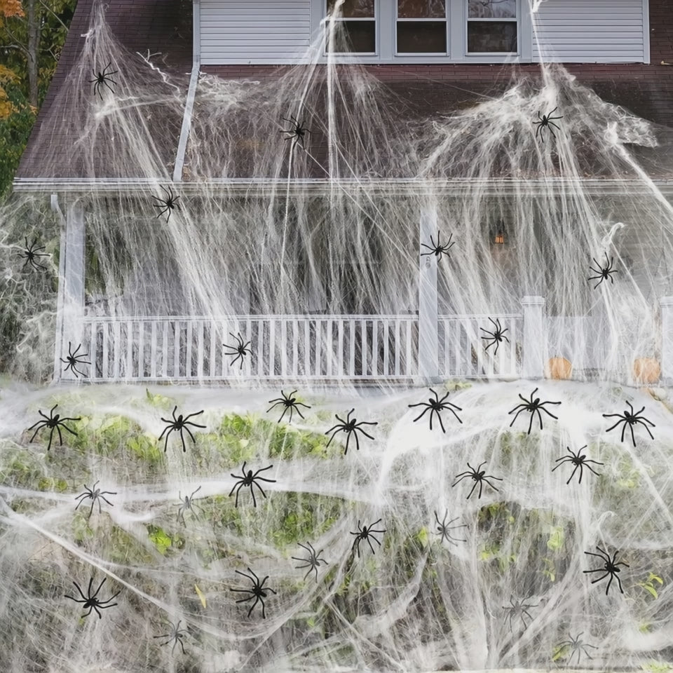 Dense cobweb blanketing a porch at night