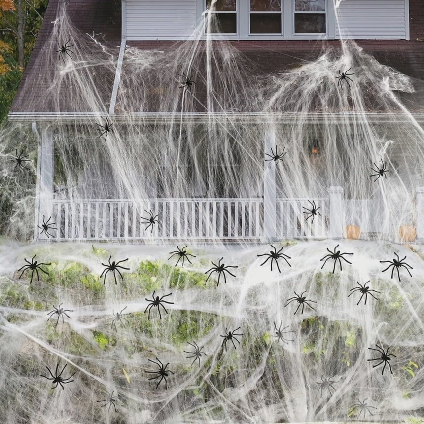 Dense cobweb blanketing a porch at night