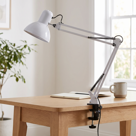 Otis architect clamp lamp in white on a desk