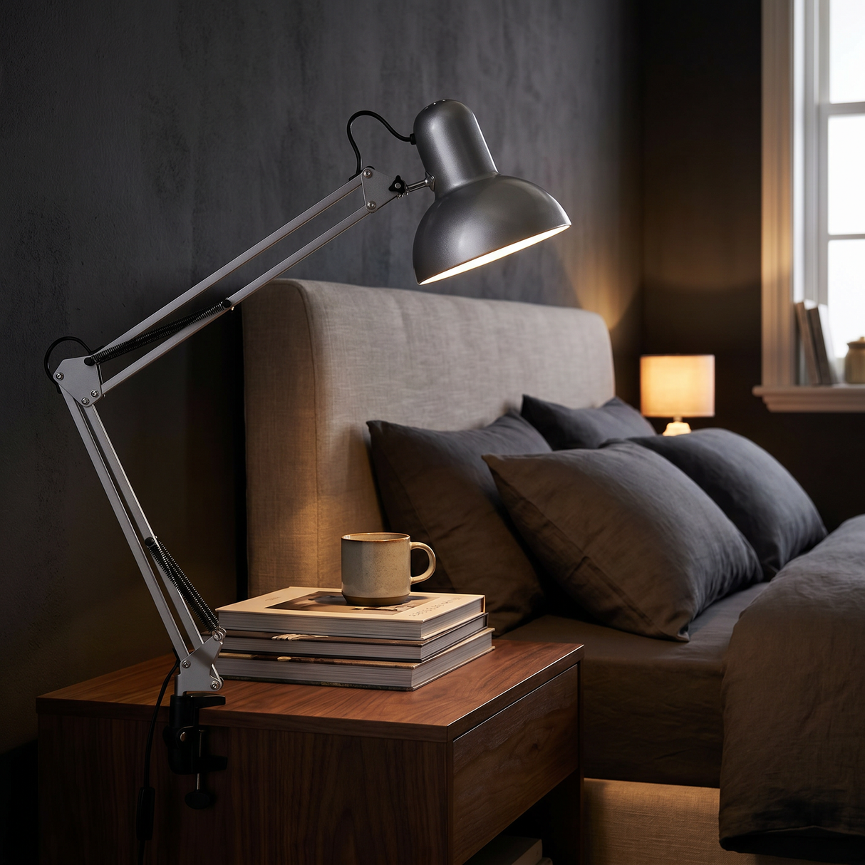 Otis architect clamp lamp in silver by a bedside