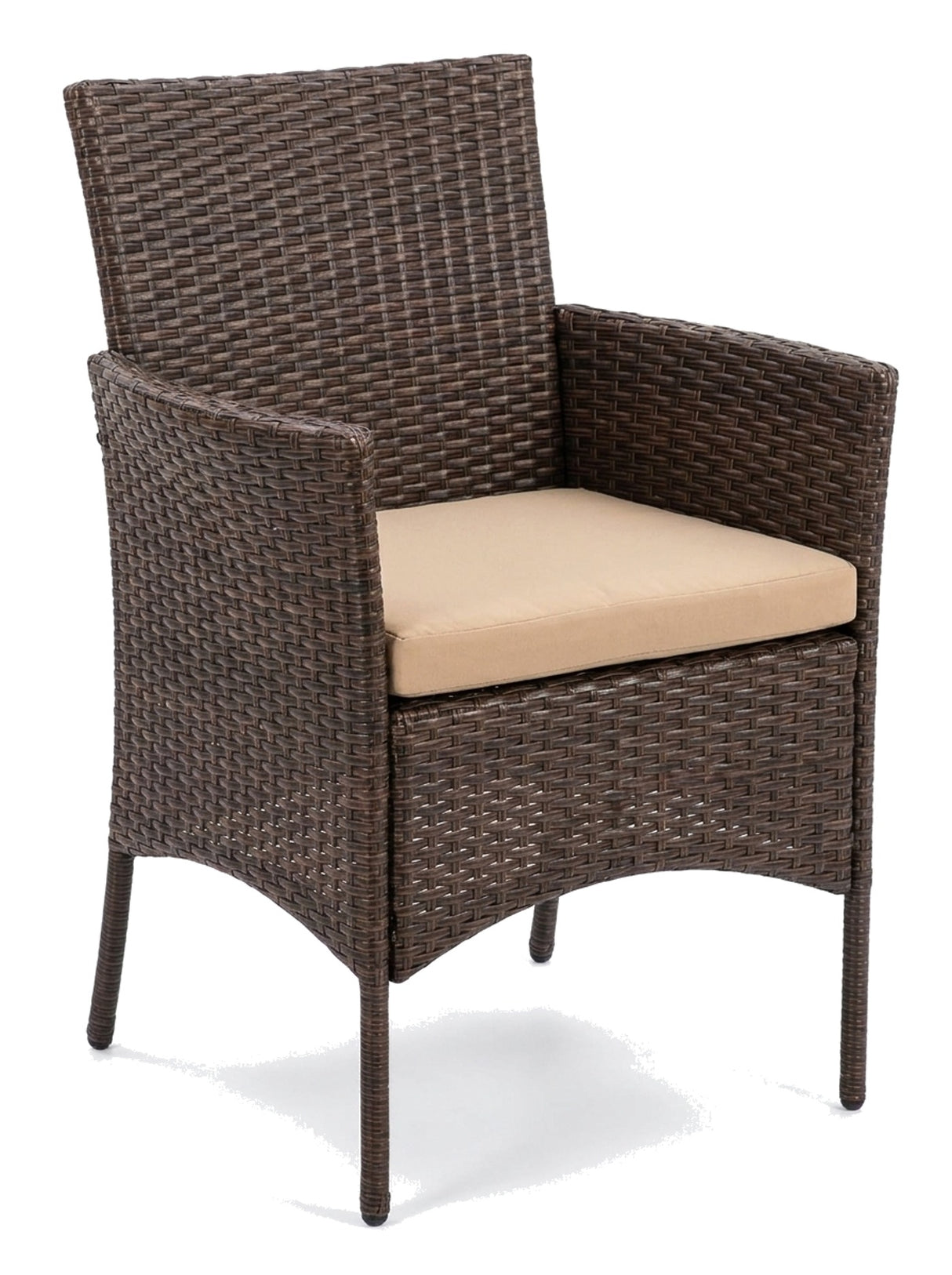 Sabbia single brown wicker armchair with tan cushion, studio view on white