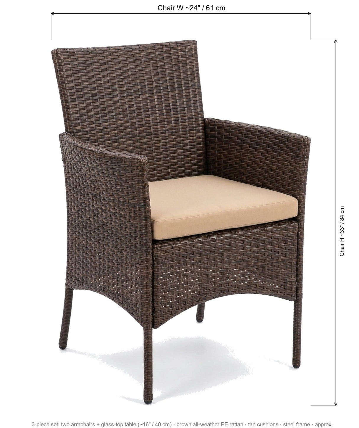 Sabbia dimensions: chair about 24 in wide, table about 16 in