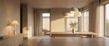 Saku pebble pendant cluster over an oak dining table with a Sia table lamp, warm lifestyle scene