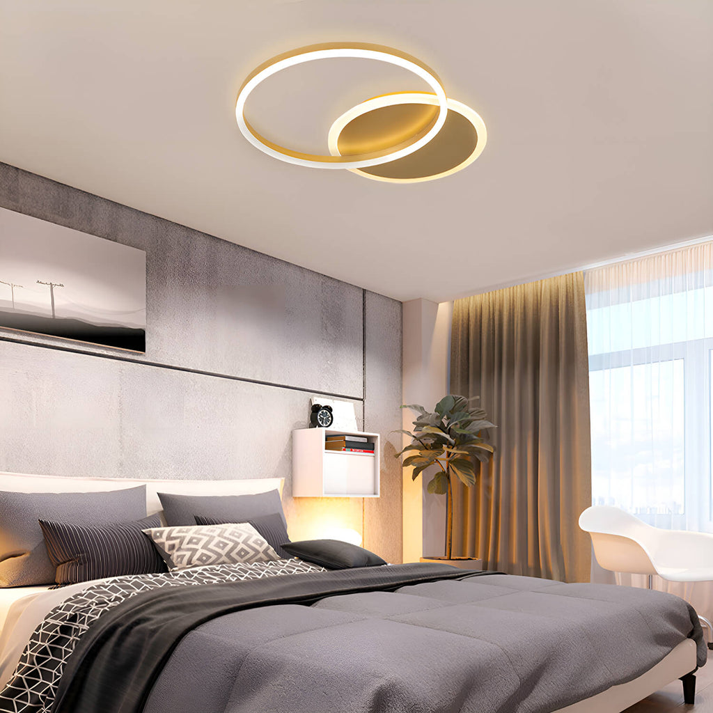 Modern LED Gold Ceiling Light Fixture – Dual Round Aluminum Ring Minimalist Chandelier