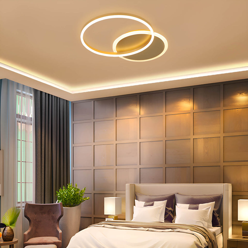 Modern LED Gold Ceiling Light Fixture – Dual Round Aluminum Ring Minimalist Chandelier
