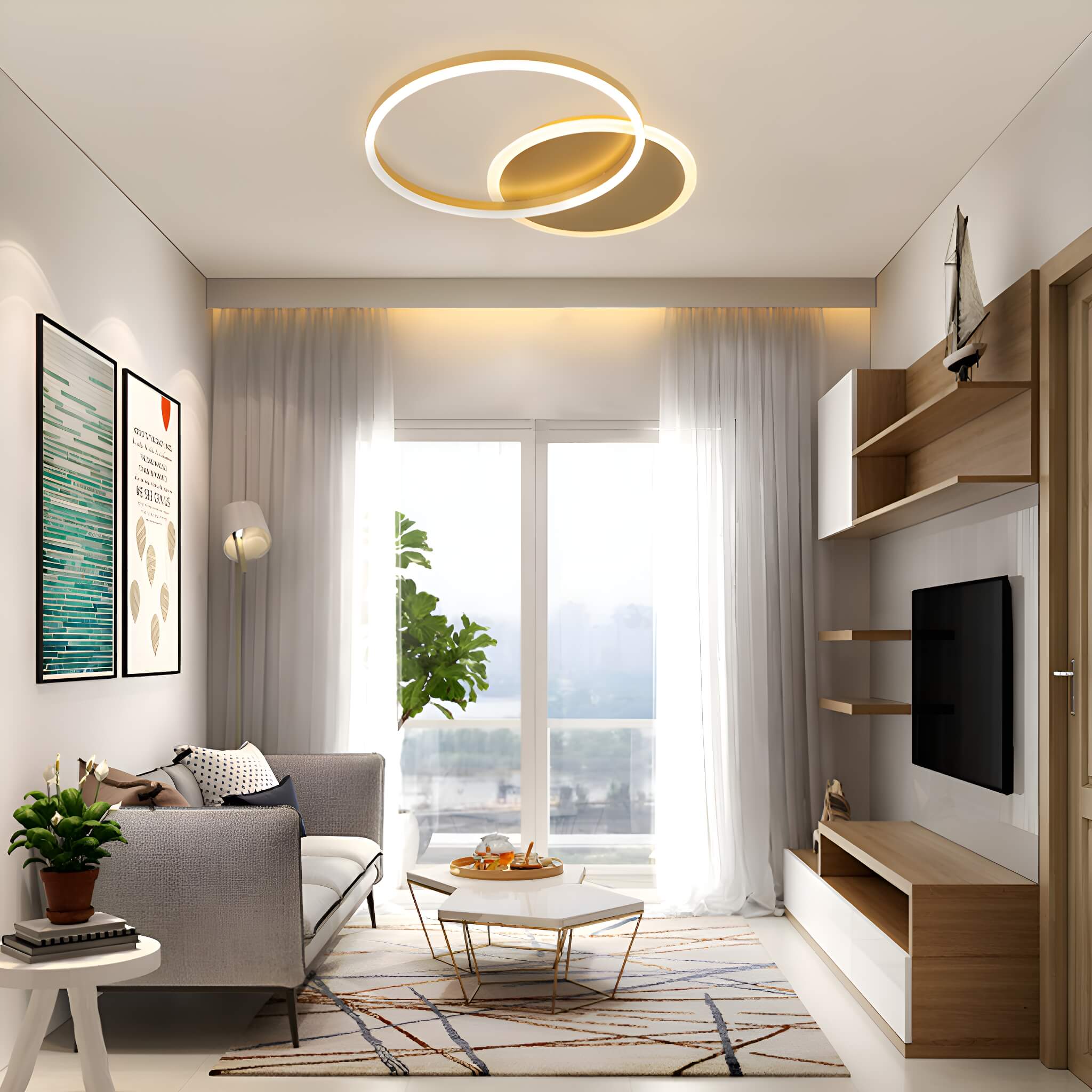 Modern LED Gold Ceiling Light Fixture – Dual Round Aluminum Ring Minimalist Chandelier