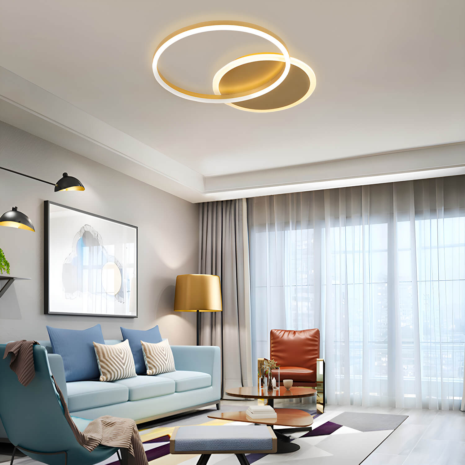 Modern LED Gold Ceiling Light Fixture – Dual Round Aluminum Ring Minimalist Chandelier